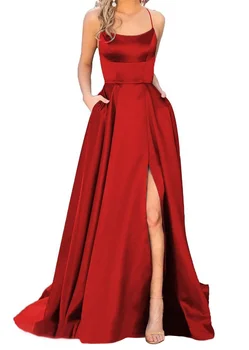 Elegent אדום ללא משענת צוואר סירה Spaghett באורך רצפת רכבת משפט קלאסי פתח אישה רשמי שמלות ערב