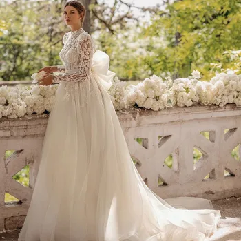 הנסיכה שמלת כלה לנשים 2023 טול שמלת כלה אלגנטית עם שרוולים ארוכים תחרה אפליקציה למעלה קשת חגורת Vestidos דה נוביה