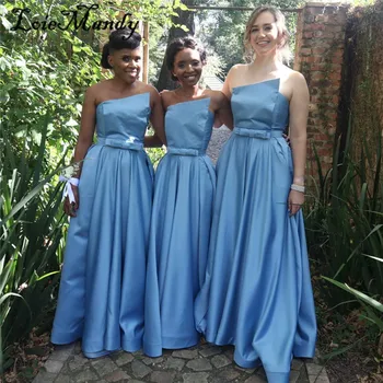 סטרפלס ארוך שמלות שושבינה עם קשת החדשה כחול סאטן שמלת מסיבת החתונה לנשים בתוספת גודל Vestido de fiesta de boda