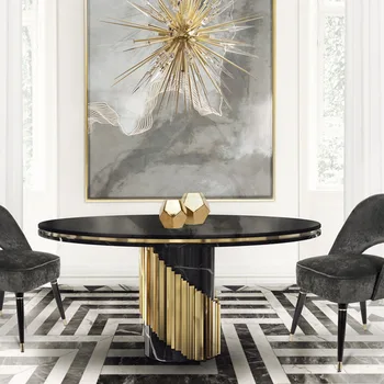 שולחן אוכל משיש טבעי סקנדינבי מודרני עיצוב יצירתי נירוסטה גדולה למסעדה שולחן עגול רהיטים התאמה אישית