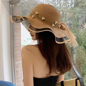 חדשה סגנון קוריאני אישה קש גזה משותפת קשת סרט גדול ברים שמש כובע קיץ טיול נופש בפנמה נערת הקרחון הכובע