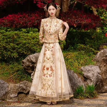 Yourqipao הזהב Xiuhe בגדים 2023 סיני הקיץ שמלת חתונה מסורתית עתיקה Hanfu Cheongsams נשים שמלות כלה סטים
