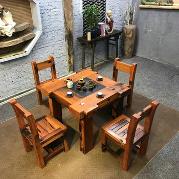 בן ספינת עץ שולחן כיסא-הגדרת משק בית תה מגש מעץ מלא רהיטים ערכת תה