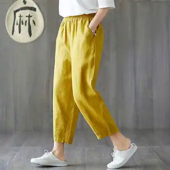 נשים אביב-קיץ מכנסי כותנה פשתן מוצק אלסטי המותניים ממתקים צבעי הרמון מכנסיים רכים באיכות גבוהה עבור הנשי של האישה מ-4XL