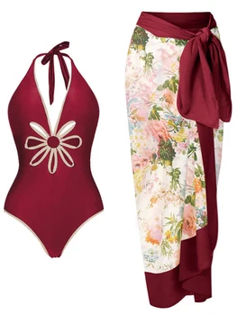 חתיכה אחת בגד ים עם חצאית וינטג ' V עמוק בגדי ים נשים 2023 קיץ חוף, בגדי ים ביקיני ברזילאי סט ביקיני סקסי