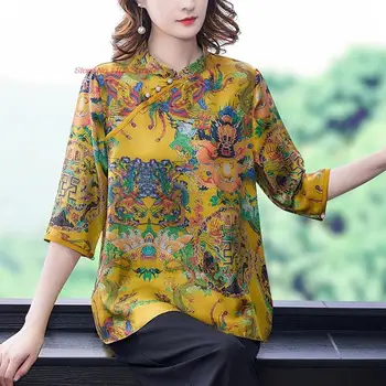 2023 וינטג ' צ ' יפאו חולצה סינית מסורתית הדרקון הדפסה cheongsam מקסימום אישה קלאסית סאטן החולצה מזרחי אתני טאנג חליפה