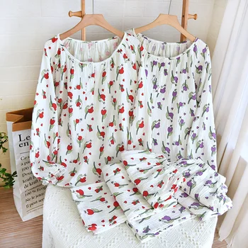 קט Homewear סטים כותנה נשים פיג ' מות שני חלקים סט האביב קרפ צבעוני צוואר עגול דק רופף ארוך שרוולים מכנסיים Pijamas