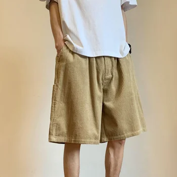 קיץ מכנסי קורדרוי גברים אופנה חאקי שחור רטרו כיס מכנסיים קצרים Mens אופנת רחוב יפנית היפ הופ רופף רחב הרגל מכנסי גברים