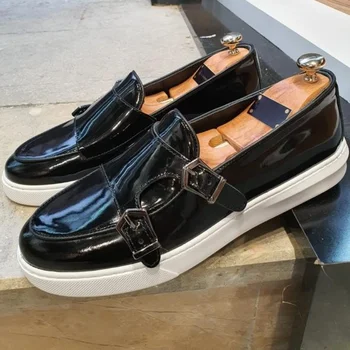 חדש לגברים Vulcanize נעליים שחורות מעור נעליים מזדמנים כפול אבזם נזיר עצלן גודל נעלי 38-46 משלוח חינם