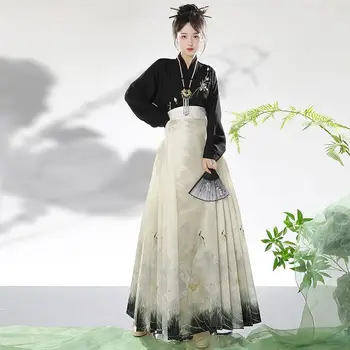 סינית מסורתית Hanfu רקמה קפלים החצאית פני סוס חצאית מזדמן חולצת יומי יוממות סט בגדי נשים
