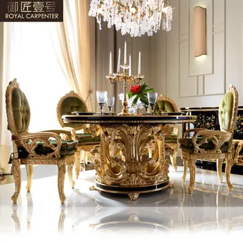 הזהב השחור נצבע ביד שולחן האוכל בסגנון אירופאי עץ מלא מגולף כיסאות שילוב איטלקי שולחן עגול התאמה אישית