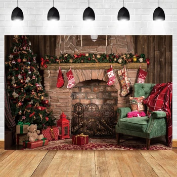 Laeacco מקורה קיר קמין עץ חג המולד מתנות לתינוק ליום הולדת יום הולדת צילום תמונת רקע לצילום סטודיו